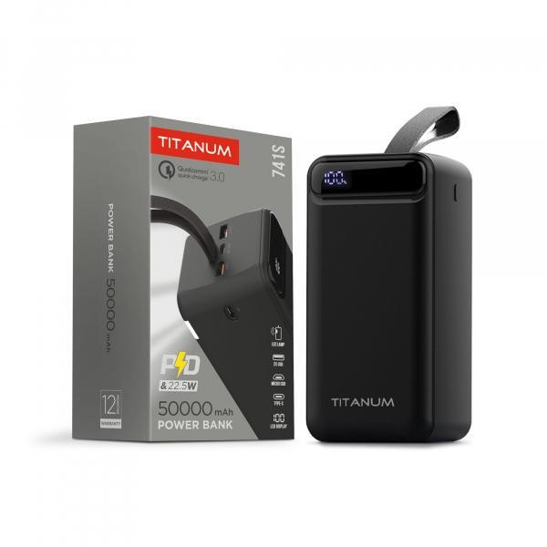 Повербанк Titanum 741S 50000 mAh 22.5W Чорний (27531), 50000, 2, Micro USB, Type-C, 2USB, 144mm x 71mm x 65mm, 984г., Чорний