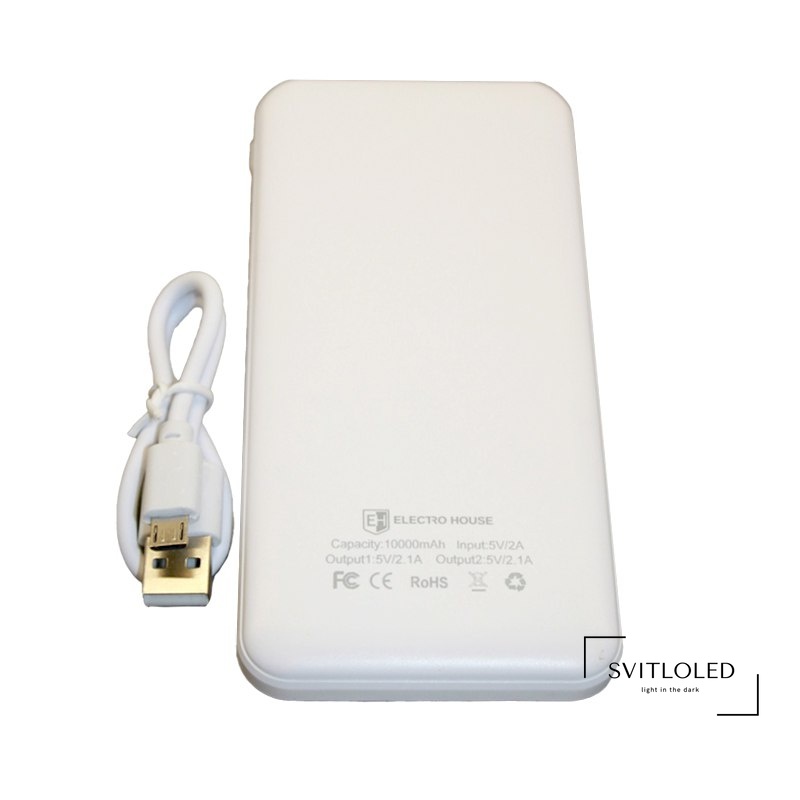 Повербанк з ліхтариком ElectroHouse 10000 mAh type-c Білий (EH-P-01-W), 10000, 2, USB|USBx2|micro USB|Type-C, 139х68х15 мм, Білий