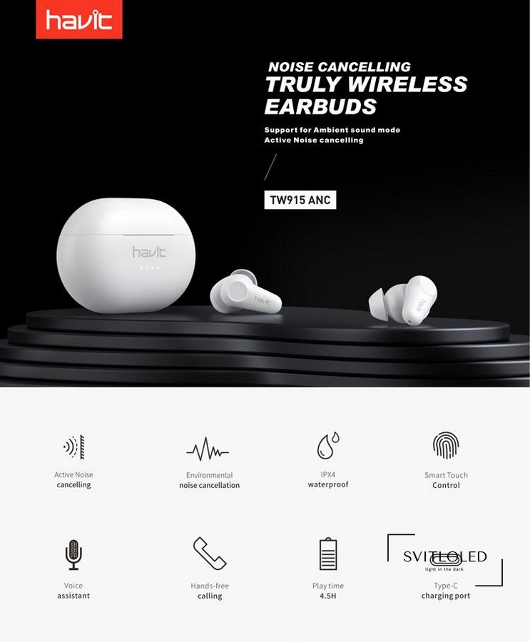 Безпровідні навушники Havit TW915 TWS 40mAh х 2 Білий (26092), Бездротові, Bluetooth, Вакуумні, Білий, 20Hz-20kHz, 10, 22dB, 10, 32, 6, 2