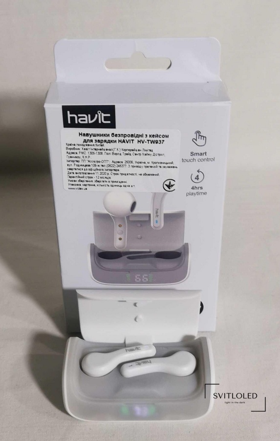 Безпровідні навушники Havit TW937 TWS 40mAh х 2 Білий (26151), Бездротові, Bluetooth, Вакуумні, 40mAh, 300mAh, кейс акумулятор,  з мікрофоном, Білий, 20Hz-20kHz, 10, 4, 2