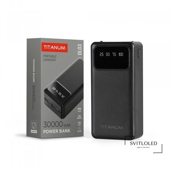 Повербанк Titanum OL03 30000 mAh Чорний (27483), 30000, 2, Micro USB, Type-C, 2USB, 140mm х 69mm х 38mm, 600 г, Чорний