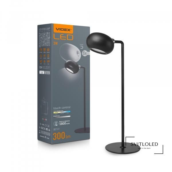 Настільна лампа з акумулятором 3 Вт 1800 mAh Videx VLE-TF18B 3000-5500 K Чорна (27855), 3, На підставці; На прищіпці, Пластик, метал, 35,6, 12, 12