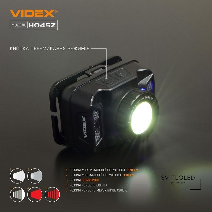 Ліхтар налобний Videx VLF-H045Z 270 Lm 5000 K IP65 (26570)