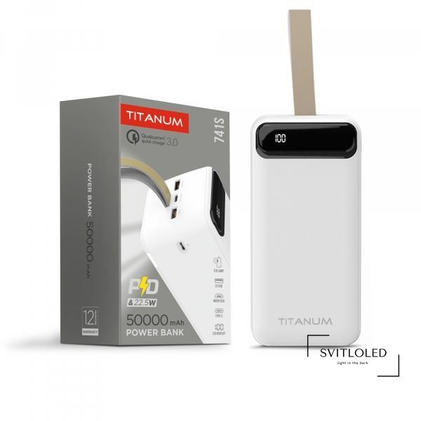 Повербанк Titanum 741S 50000 mAh 22.5W Білий (27532), 50000, 2, Micro USB, Type-C, 2USB, 144mm x 71mm x 65mm, 984г., Білий
