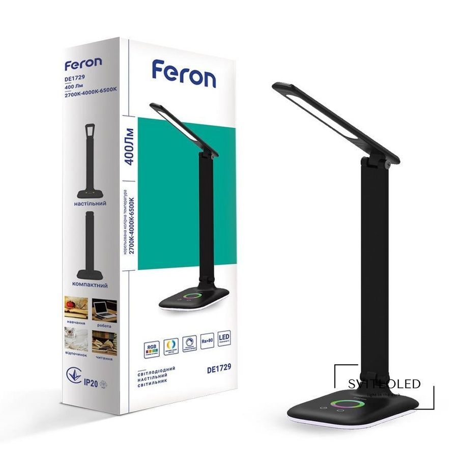 Настільна лампа 9 Вт Feron DE1729 RGB підсвічування 2700-6500 K Чорна (40262), 9, На підставці, пластик, 38, 13, 18
