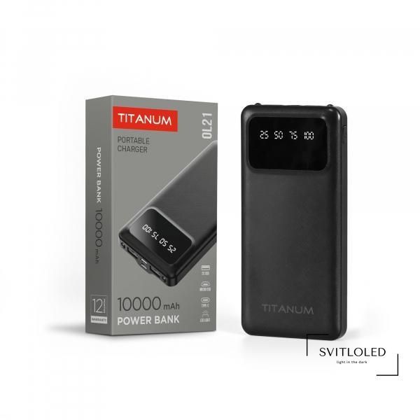 Повербанк Titanum OL21 10000 mAh Чорний (27478), 10000, 2, Micro USB, Type-C, 2USB, 140mm х 68mm х 16mm, 220г., Чорний